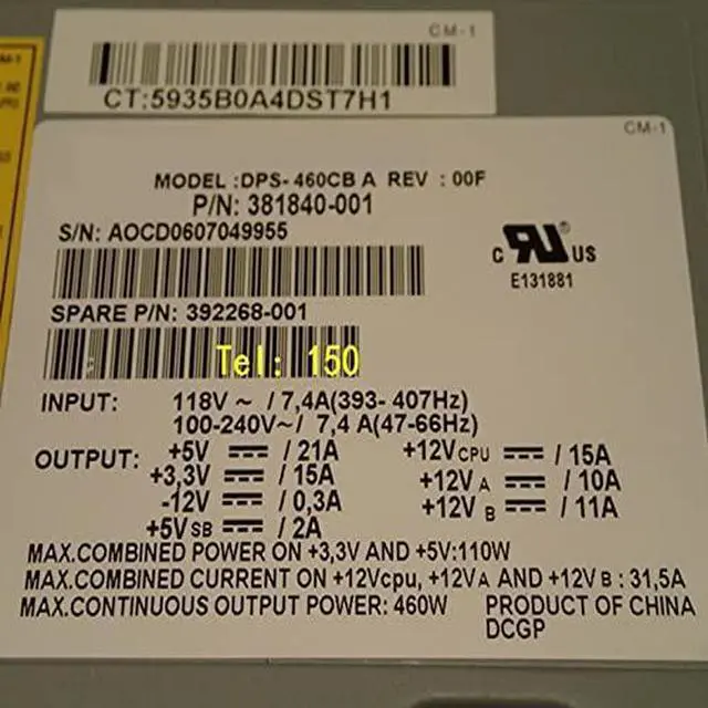 Alt view image 3 of 5 - PSU for XW4200 XW4300 XW4400 460W Power Supply DPS-460CB C DPS-460CB A 381840-002 435128-001 381840-001