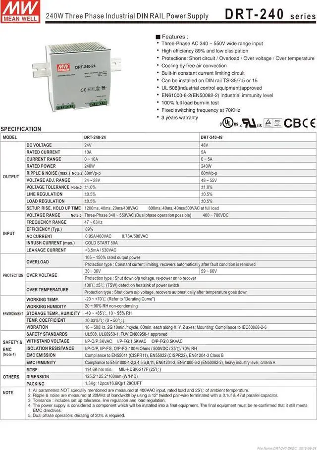 Alt view image 3 of 3 - MEAN WELL original DRT-240-24 24V 10A meanwell DRT-240 24V 240W Single Output Industrial DIN RAIL Power Supply