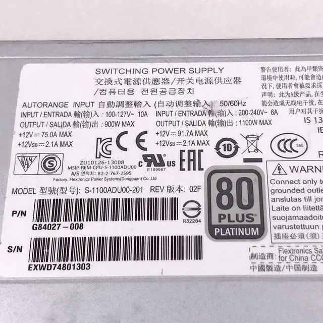 Alt view image 5 of 5 - Server Power Supply for S-1100ADU00-201 G84027-007 1100W Fully Tested