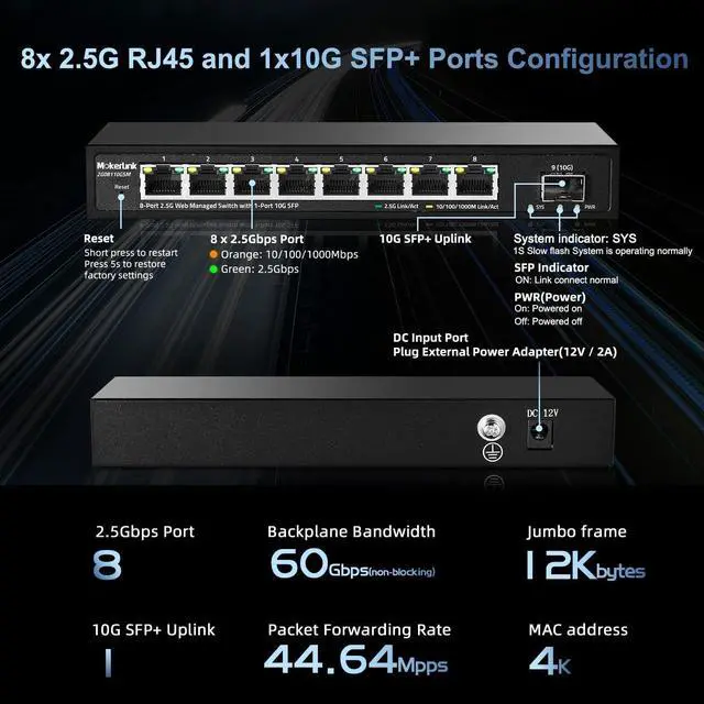 Alt view image 4 of 7 - MokerLink 8 Port 2.5G Managed Ethernet Switch with 10G SFP, 8 x 2.5G Base-T Ports, Support LACP/VLAN/QOS/IGMP, Metal Web Managed Fanless Network Switch