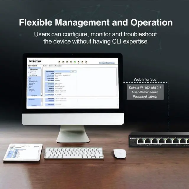 Alt view image 7 of 7 - MokerLink 8 Port 2.5G Managed Ethernet Switch with 10G SFP, 8 x 2.5G Base-T Ports, Support LACP/VLAN/QOS/IGMP, Metal Web Managed Fanless Network Switch