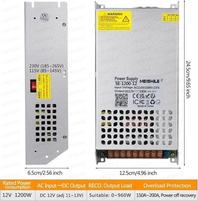 Alt view image 5 of 7 - MEISHILE 12V 100A 1200W Switching Power Supply Adapter AC to DC Transformer Converter for LED Driver Strip Light Lamp, Amplifier, Machine, 120V 110V to 12Volt 10A 20A 30A 40A 50A 60A 70A 80Amp