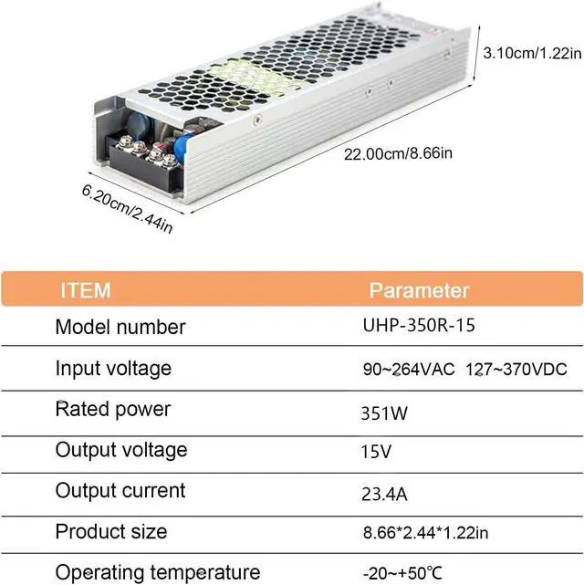 Alt view image 5 of 6 - UHP-350R-15 15V 23.4A 350W Slim Fanless Power Supply 92% Efficiency Quiet Easy Install DC OK Signal Active PFC Redundant Function Wide Input 90-264VAC for LED Office Automation
