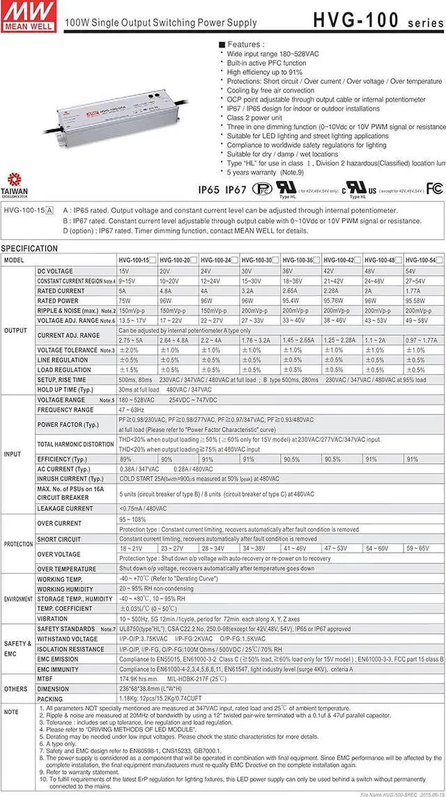 Alt view image 2 of 7 - MW Mean Well HVG-100-48A 48V 2A 100W Single Output LED Switching Power Supply