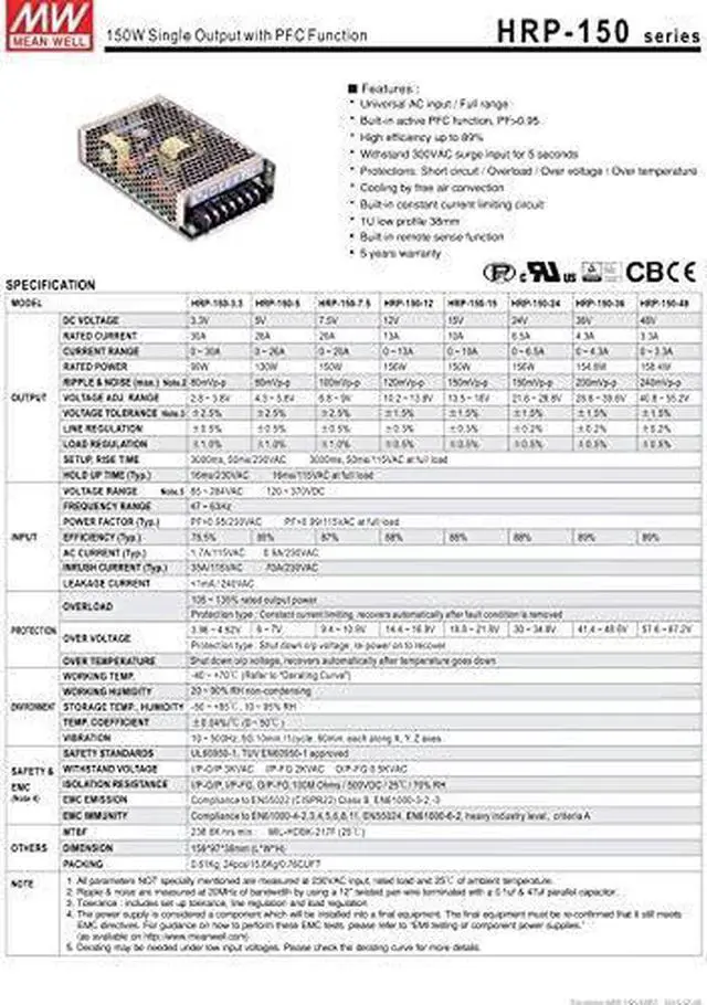 Alt view image 2 of 2 - Enclosed Type 150W 7.5V 20A HRP-150-7.5 Meanwell AC-DC SMPS HRP-150 Series MEAN WELL Switching Power Supply