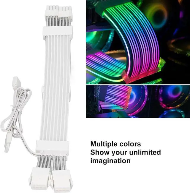 Alt view image 3 of 7 - RGB PSU Cables Extensions 2x8Pin ARGB Motherboard Power Supply 5V 3Pin Synchronized Double LED ARGB PSU Graphics Card Power White