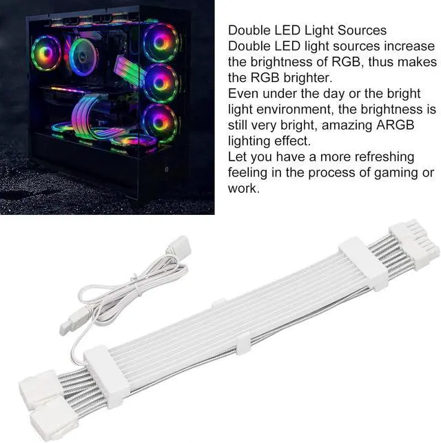 Alt view image 4 of 7 - RGB PSU Cables Extensions 2x8Pin ARGB Motherboard Power Supply 5V 3Pin Synchronized Double LED ARGB PSU Graphics Card Power White