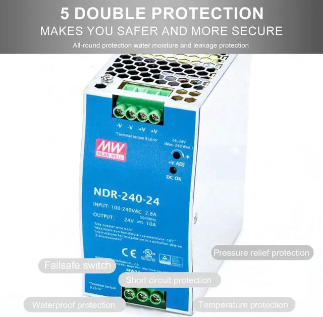 Alt view image 5 of 7 - NDR-240-24 240W 24V 10A DIN Rail Power Supply - Universal 90-264VAC Input, Active PFC, High Efficiency 88.5%, Industrial Grade, UL508/EN62368-1 Certified - for Telecom, Industrial Control