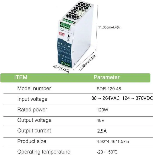 Alt view image 7 of 7 - SDR-120-48 48V 2.5A 120W DIN Rail Power Supply - High Reliability - Active PFC - Quiet Operation - UL508 Listed - Server, Network, Telecom Equipment