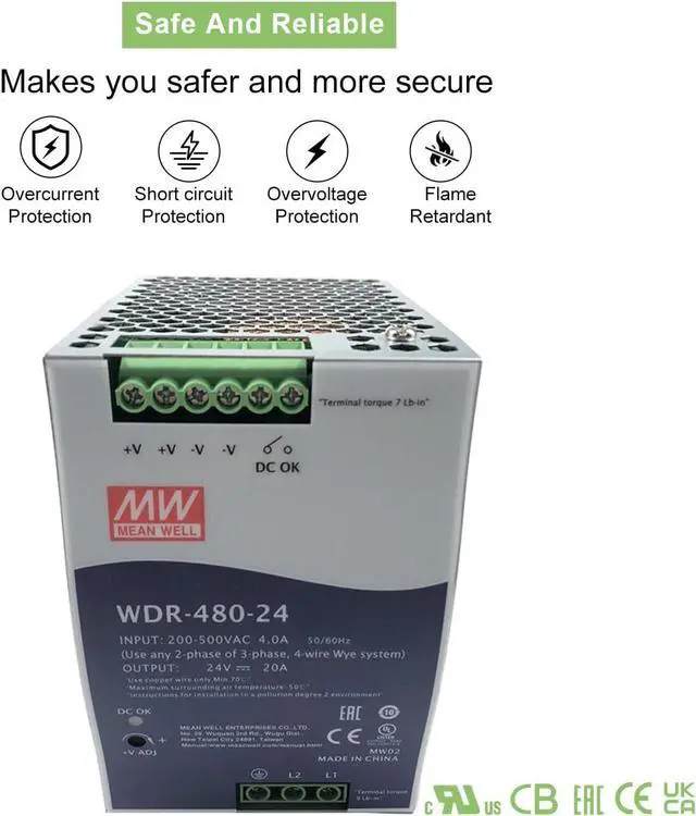 Alt view image 4 of 7 - WDR-480-24 480W 24V 20A DIN Rail Power Supply - Reliable Power for Data Centers & Servers, Wide Input 180-550VAC, 92% Efficiency, Active PFC, UL508