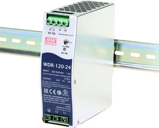 Alt view image 4 of 4 - WDR-120-24 24V 5A 120W 91% High-Efficiency Rail Mount Power Supply, 180-550VAC Wide Input, UL 508 Certified, 4-in-1 Protection with DC OK Relay
