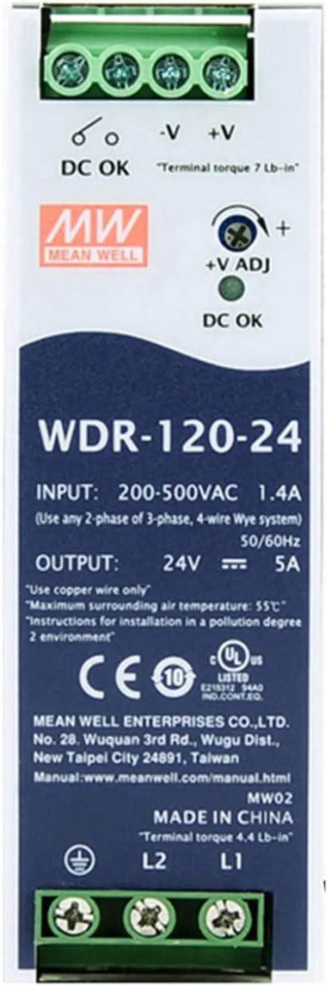 Main image of WDR-120-24 24V 5A 120W 91% High-Efficiency Rail Mount Power Supply, 180-550VAC Wide Input, UL 508 Certified, 4-in-1 Protection with DC OK Relay