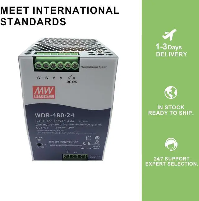 Alt view image 5 of 7 - WDR-480-24 480W 24V 20A DIN Rail Power Supply - Reliable Power for Data Centers & Servers, Wide Input 180-550VAC, 92% Efficiency, Active PFC, UL508