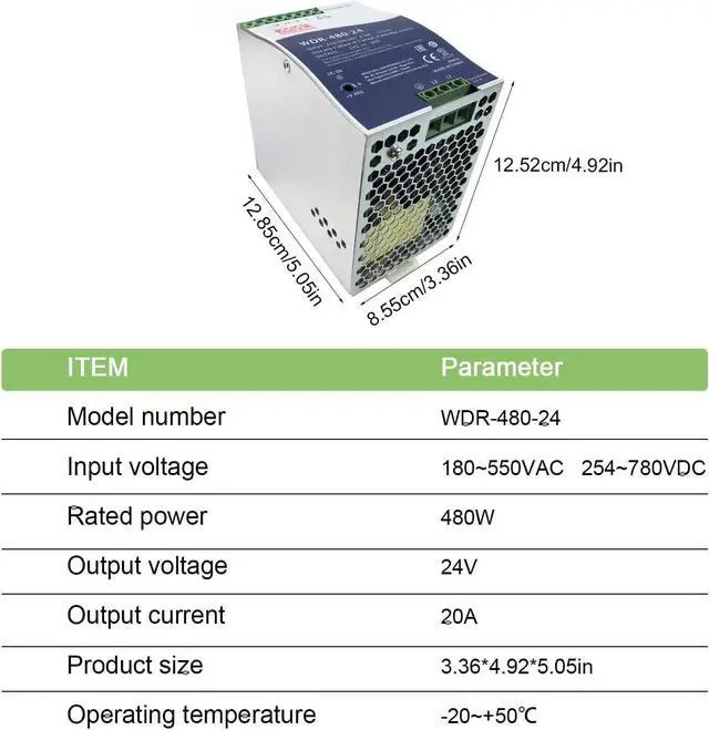 Alt view image 7 of 7 - WDR-480-24 480W 24V 20A DIN Rail Power Supply - Reliable Power for Data Centers & Servers, Wide Input 180-550VAC, 92% Efficiency, Active PFC, UL508
