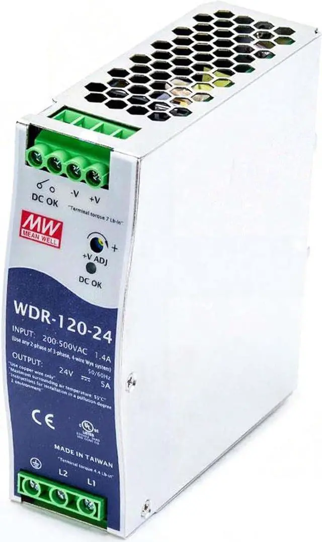 Alt view image 2 of 4 - WDR-120-24 24V 5A 120W 91% High-Efficiency Rail Mount Power Supply, 180-550VAC Wide Input, UL 508 Certified, 4-in-1 Protection with DC OK Relay