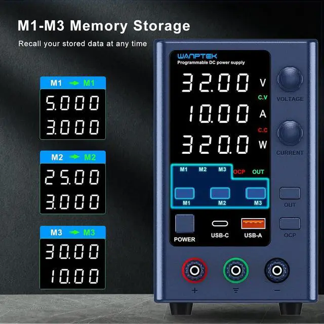 Alt view image 2 of 7 - DC Power Supply Variable 0-32V 0-10A Bench Power Supply with Memory Storage/USB-A&Type-C Fast Charge, Adjustable Power Supply with 4-Digit LED Display/OCP&Output Function