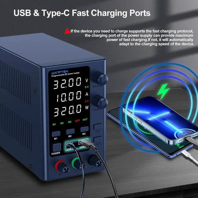 Alt view image 4 of 7 - DC Power Supply Variable 0-32V 0-10A Bench Power Supply with Memory Storage/USB-A&Type-C Fast Charge, Adjustable Power Supply with 4-Digit LED Display/OCP&Output Function