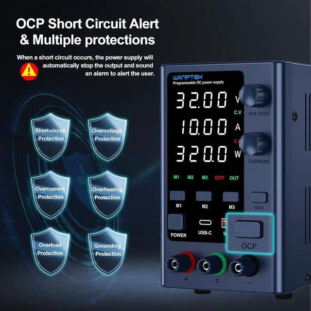 Alt view image 5 of 7 - DC Power Supply Variable 0-32V 0-10A Bench Power Supply with Memory Storage/USB-A&Type-C Fast Charge, Adjustable Power Supply with 4-Digit LED Display/OCP&Output Function