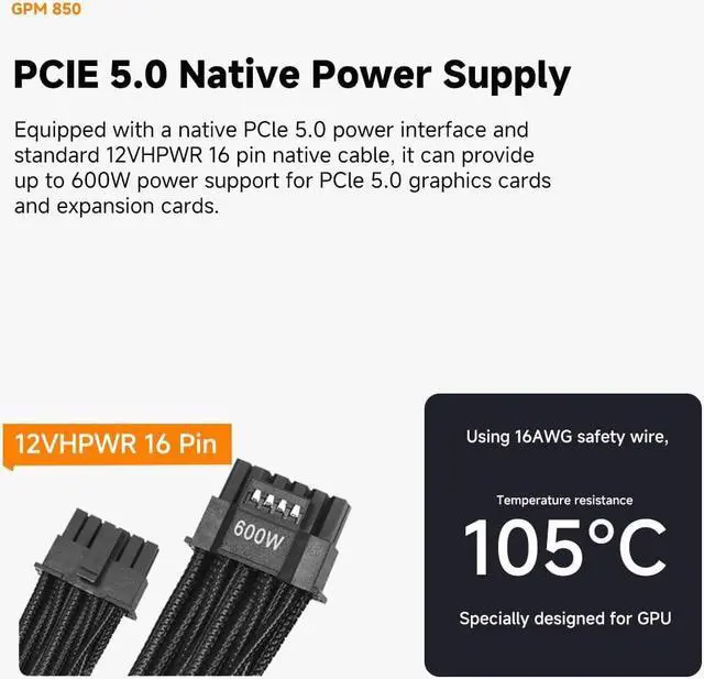 Alt view image 5 of 7 - GPM850 Fully Modular Low-Noise Power Supply - ATX 3.1 & PCIe 5.0 Compliant - 105°C-Rated Capacitors - 80 Plus Gold Efficiency PFC+DC to DC