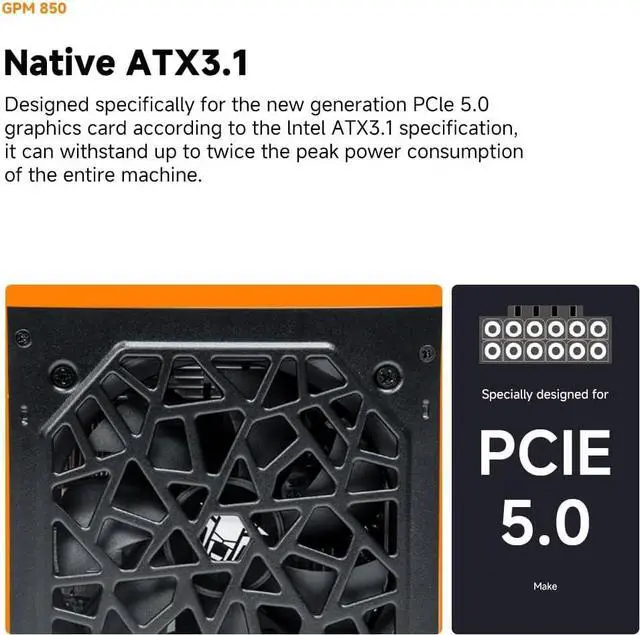 Alt view image 4 of 7 - GPM850 Fully Modular Low-Noise Power Supply - ATX 3.1 & PCIe 5.0 Compliant - 105°C-Rated Capacitors - 80 Plus Gold Efficiency PFC+DC to DC