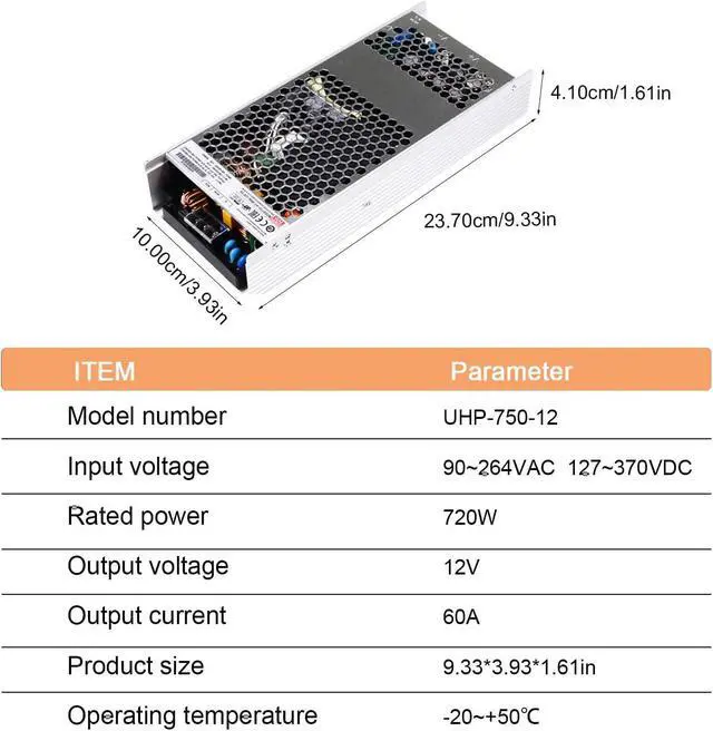 Alt view image 5 of 6 - UHP-750-12 Industrial Power Supply, 12V 60A 720W, Slim Fanless Design, 93.5% Efficiency, UL/TUV Certified, for Automation/Control Systems