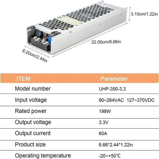 Alt view image 5 of 6 - UHP-350-3.3 Industrial Power Supply, 3.3V 60A 198W, Slim Fanless Design, 88.5% Efficiency, -22°F~158°F, UL/TUV Certified, for Automation & Control Systems
