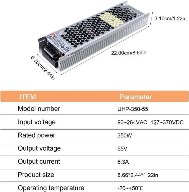 Alt view image 5 of 6 - UHP-350-55 Industrial Power Supply, 55V 6.3A 350W, Slim Fanless Design, 94% Efficiency, -22°F~158°F, UL/TUV Certified, for Automation & Control Systems