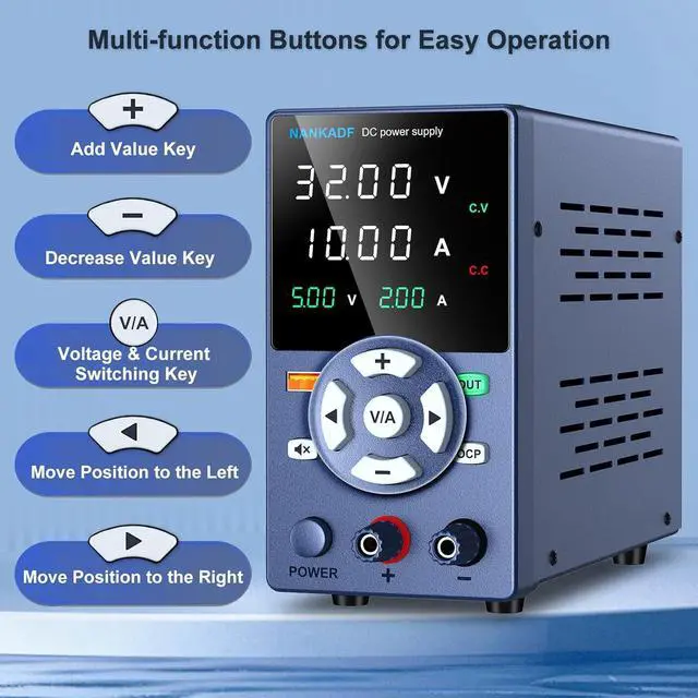 Alt view image 2 of 7 - DC Power Supply, Variable Power Supply with Output Button, USB Fast Charging Port, Bench Power Supply with OCP Short Circuit Alarm, USB Output Current Display, Mute Mode (30V 10A)