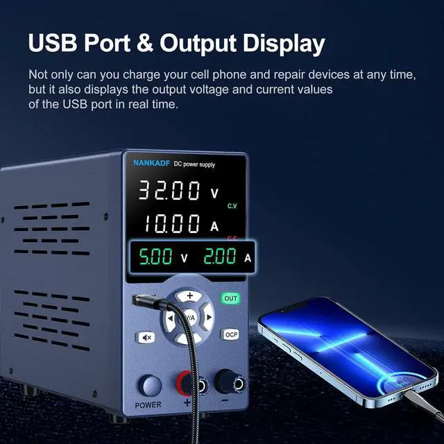 Alt view image 3 of 7 - DC Power Supply, Variable Power Supply with Output Button, USB Fast Charging Port, Bench Power Supply with OCP Short Circuit Alarm, USB Output Current Display, Mute Mode (30V 10A)