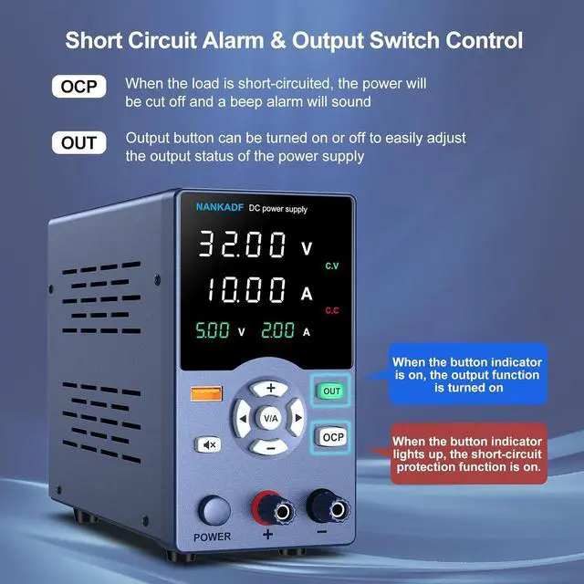 Alt view image 4 of 7 - DC Power Supply, Variable Power Supply with Output Button, USB Fast Charging Port, Bench Power Supply with OCP Short Circuit Alarm, USB Output Current Display, Mute Mode (30V 10A)