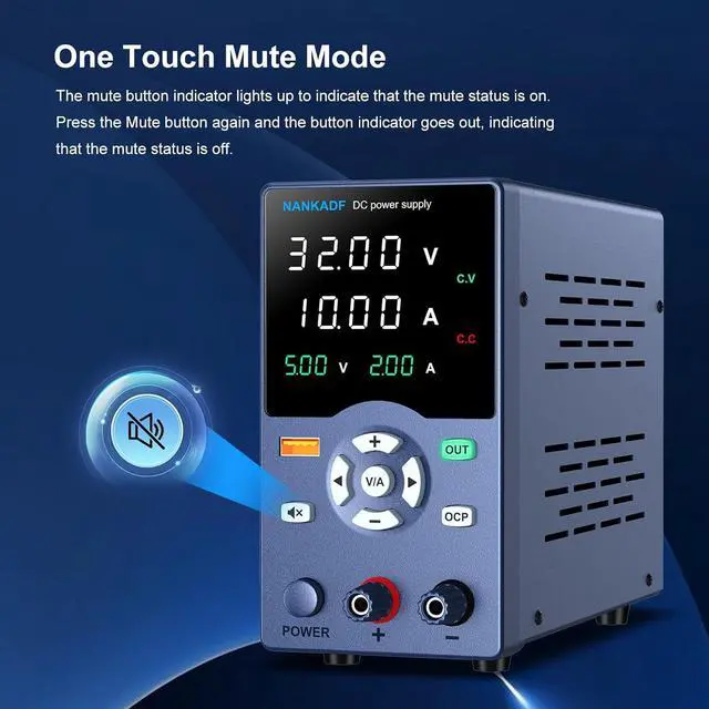 Alt view image 5 of 7 - DC Power Supply, Variable Power Supply with Output Button, USB Fast Charging Port, Bench Power Supply with OCP Short Circuit Alarm, USB Output Current Display, Mute Mode (30V 10A)