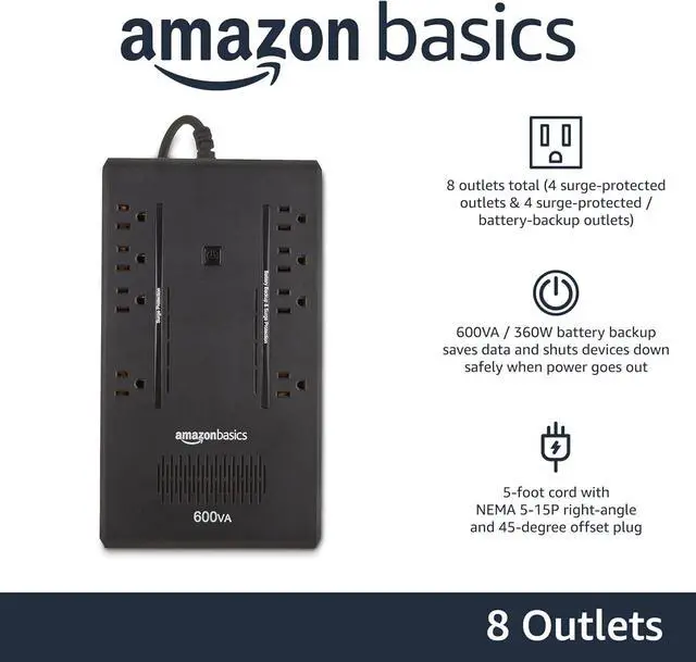 Alt view image 2 of 6 - Amazon Basics Standby UPS Battery Backup 600VA 360W Surge Protector Uninterruptible Power Supply, 8 Outlets for Power Outage Protection, Compact, Black