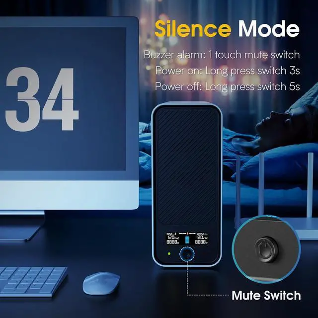 Alt view image 4 of 7 - 1000VA/800W Lithium UPS Battery Backup and Surge Protector, Backup Battery Power Supply with LiFePO4 Battery, Sinewave UPS System, Battery of 10 Years Lifespan, 8 Outlets, LCD Display