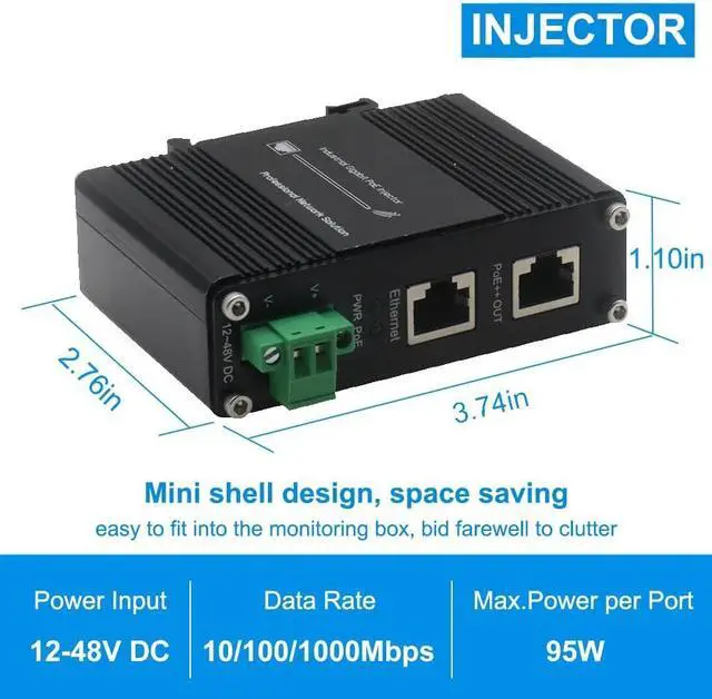 Alt view image 2 of 7 - Industrial PoE++ Gigabit Injector 12-48VDC Input - Din Rail/Wall Mount,IEEE 802.3 at,Outdoor Rated Networking Power Supply 95W Ethernet Over Power for Industrial Devices and Camera