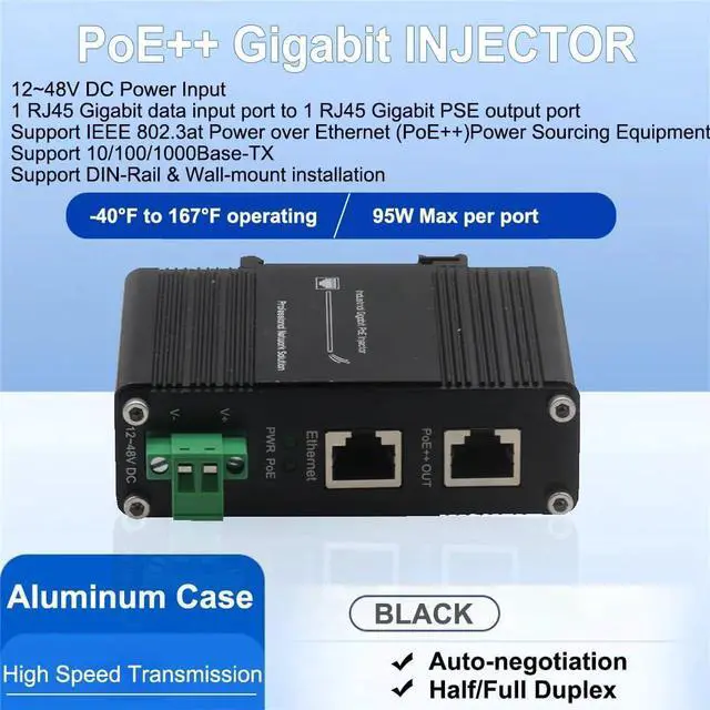 Alt view image 3 of 7 - Industrial PoE++ Gigabit Injector 12-48VDC Input - Din Rail/Wall Mount,IEEE 802.3 at,Outdoor Rated Networking Power Supply 95W Ethernet Over Power for Industrial Devices and Camera