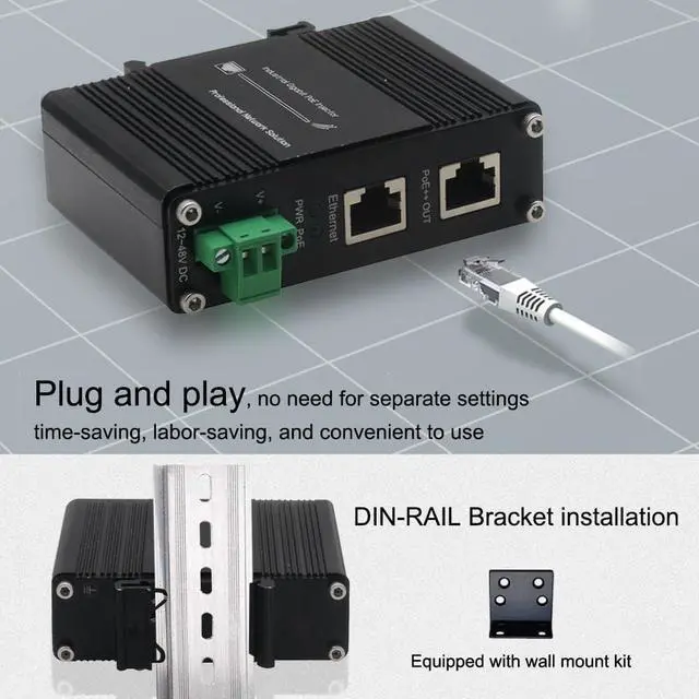 Alt view image 5 of 7 - Industrial PoE++ Gigabit Injector 12-48VDC Input - Din Rail/Wall Mount,IEEE 802.3 at,Outdoor Rated Networking Power Supply 95W Ethernet Over Power for Industrial Devices and Camera