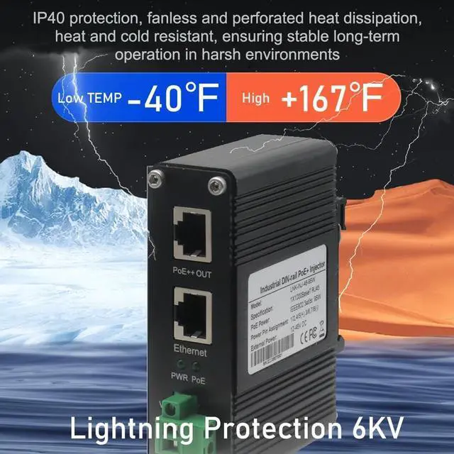 Alt view image 6 of 7 - Industrial PoE++ Gigabit Injector 12-48VDC Input - Din Rail/Wall Mount,IEEE 802.3 at,Outdoor Rated Networking Power Supply 95W Ethernet Over Power for Industrial Devices and Camera