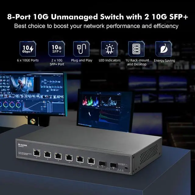 Alt view image 2 of 7 - MokerLink 8 Port 10Gbps Ethernet Switch with 2x10G SFP+ Slot, 6 Port 10G RJ45 Support 10G/5G/2.5G/1000M/100M Auto-Negotiation, 160Gbps Bandwidth Unmanaged Plug and Play Desktop|RackMount Switch
