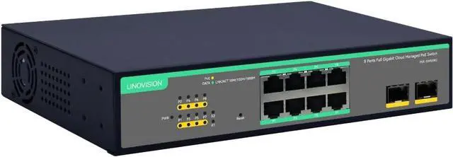 Main image of LINOVISION 8 Ports Remote Cloud Managed PoE Switch with 2 SFP Uplink, Full Gigabit Ports, 120W Built-in Power Supply, IEEE802.3af/at, Q-PoE and P-PoE Without Interruption