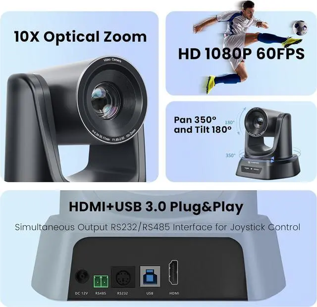 Alt view image 2 of 7 - HDMI/USB PTZ Camera 10X Optical Zoom 60fps 1080P Video Conference Camera for Church Worship Live Streaming Meeting Online Learn with Zoom Skype OBS and More