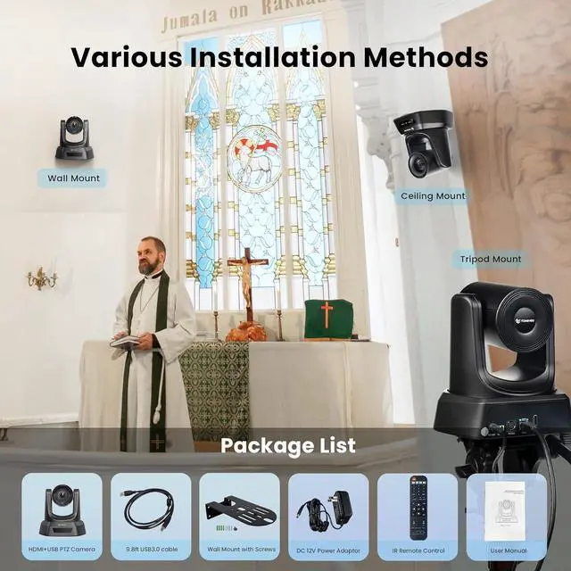 Alt view image 6 of 7 - HDMI/USB PTZ Camera 10X Optical Zoom 60fps 1080P Video Conference Camera for Church Worship Live Streaming Meeting Online Learn with Zoom Skype OBS and More