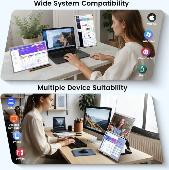 Alt view image 6 of 6 - 15.6" Laptop Screen Extender, 1080P FHD Laptop Monitor Extender with 120% sRGB, 235°Rotation Detachable Dual Monitor, Plug & Play, Triple Monitor for Laptop Compatible with Windows, Mac, Chrome