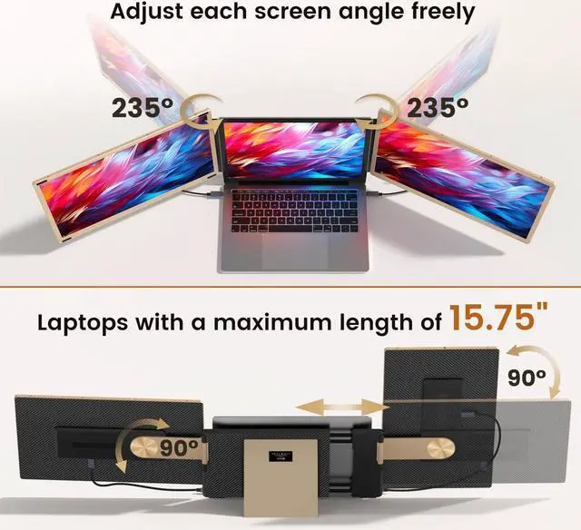 Alt view image 4 of 6 - Laptop Screen Extender 15.6-inch, 1080P FHD Portable Monitor with 120% sRGB, 235°Rotation Detachable Screen, Plug & Play, Triple Screen Laptop Monitor Extender Compatible with Windows, Mac, Chrome