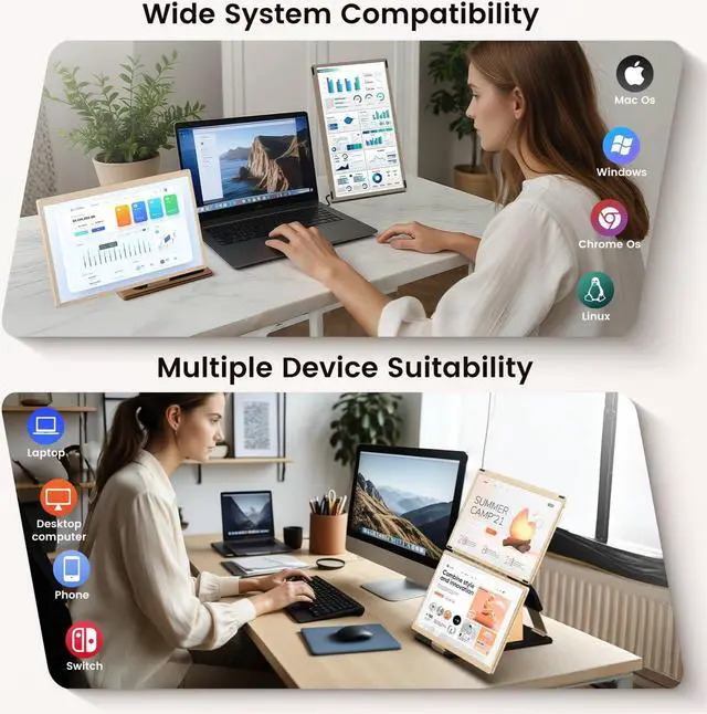 Alt view image 6 of 6 - Laptop Screen Extender 15.6-inch, 1080P FHD Portable Monitor with 120% sRGB, 235°Rotation Detachable Screen, Plug & Play, Triple Screen Laptop Monitor Extender Compatible with Windows, Mac, Chrome