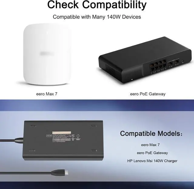 Alt view image 3 of 6 - 140W USB C Charger for HP OMEN Transcend 14 Spectre x360 16 Msi Prestige 14 16 AI Studio Summit E16 eero PoE Gateway FSP140-APDAR02 c410011 n22282-001 Avalon Nano 3 Miner Power Cord 28V 5A
