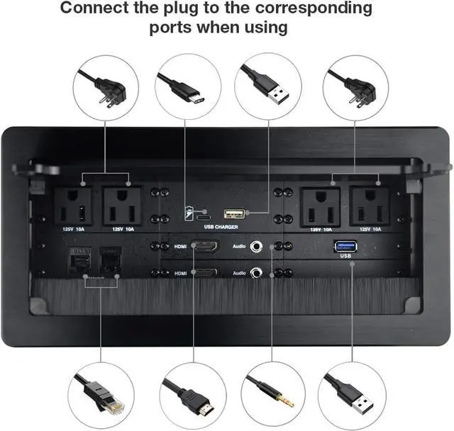Alt view image 2 of 6 - Connectivity Box with 4 AC Power+2 HDMI+2 Audio +2 LAN+1 USB-A Charger +1 USB-C Charger +1 USB3.0 Data with 5.58ft Power Cord for Conference Room (Black)