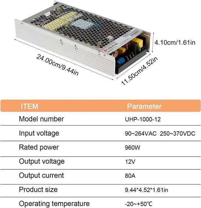 Alt view image 5 of 6 - UHP-1000-12 Industrial Power Supply, 12V 80A 960W, Slim Fanless Design, 94% Efficiency, -22°F~158°F, UL62368-1 Certified, for Industrial Automation