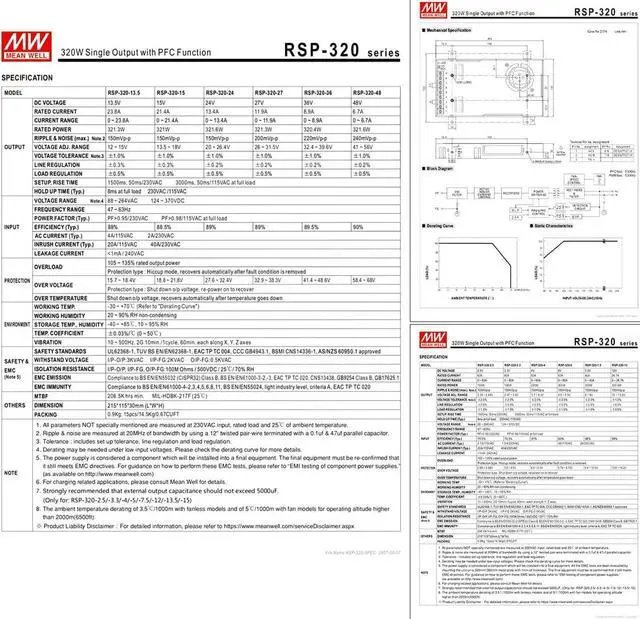 Alt view image 3 of 7 - RSP-320-7.5 320W Single Output PFC Function Power Supply 7.5V Constant Voltage with Built-in Cooling Fan for Robotics, Industrial Control Systems, and Test Equipment