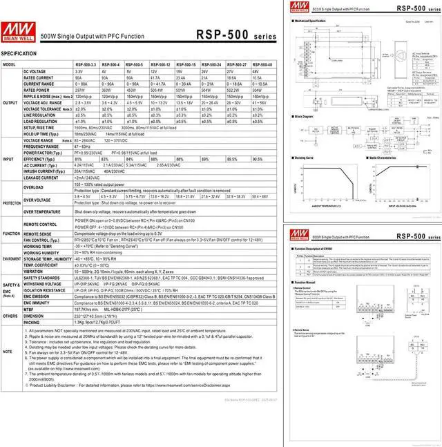 Alt view image 4 of 7 - RSP-500-5 500W Single Output PFC Function Power Supply 5V Constant Voltage with Built-in Cooling Fan for Industrial Automation, Test Equipment, and Electronics Manufacturing