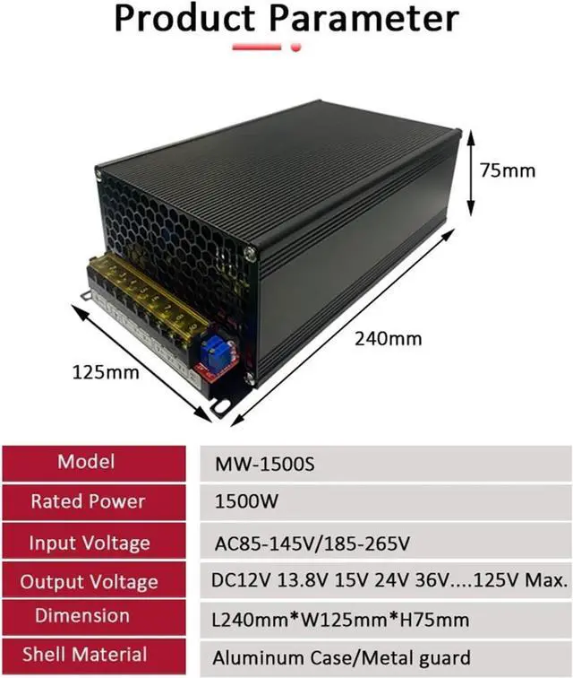 Alt view image 2 of 6 - 1500W Switching Power Supply 110/220VAC DC12V 13.8V 15V 24V 36V 48V 60V 72V 80V 90V(220V,13.8V 108A 1500W)
